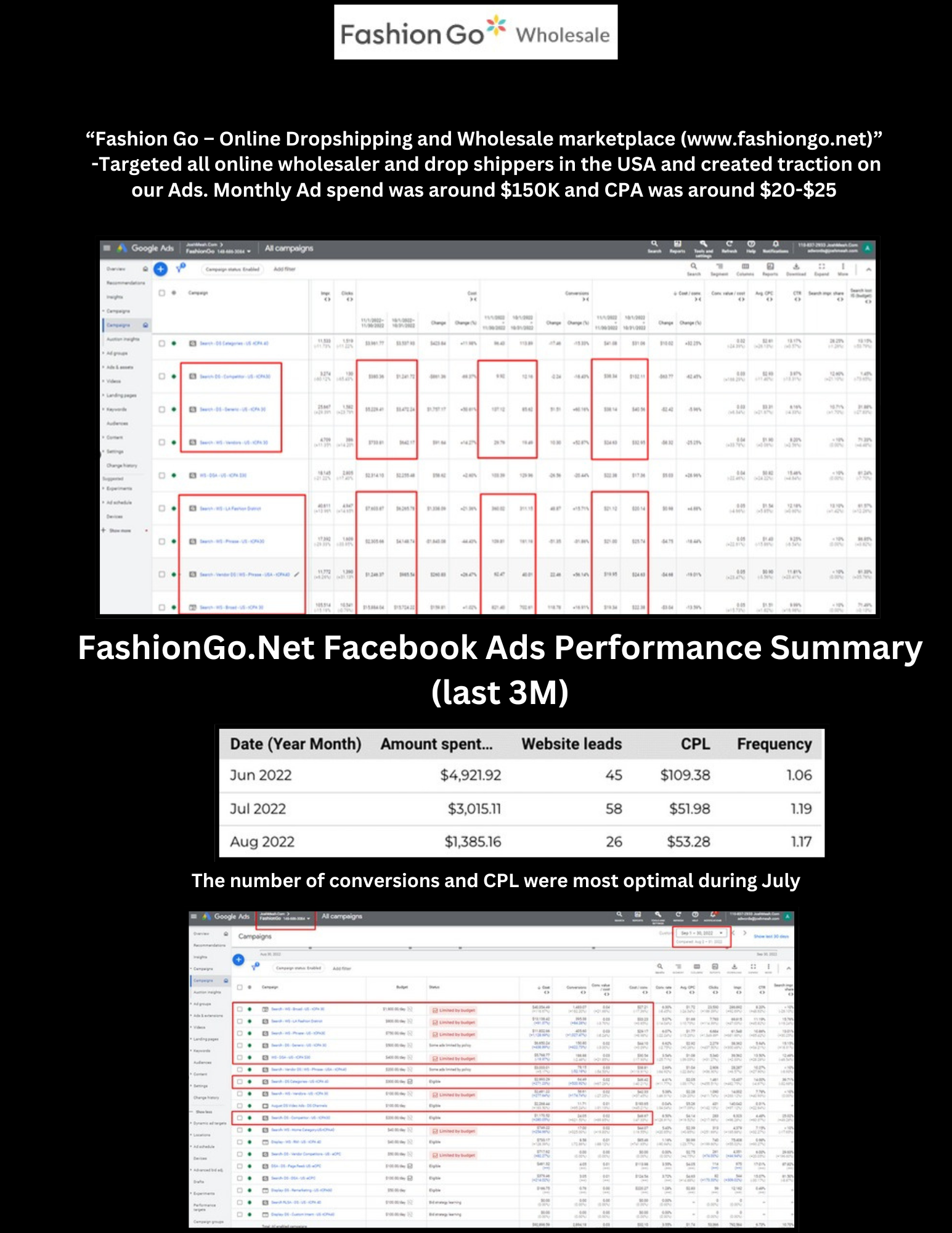 FashionGo dropshipping marketplace Google Ads and Facebook Ads performance summary with CPL table