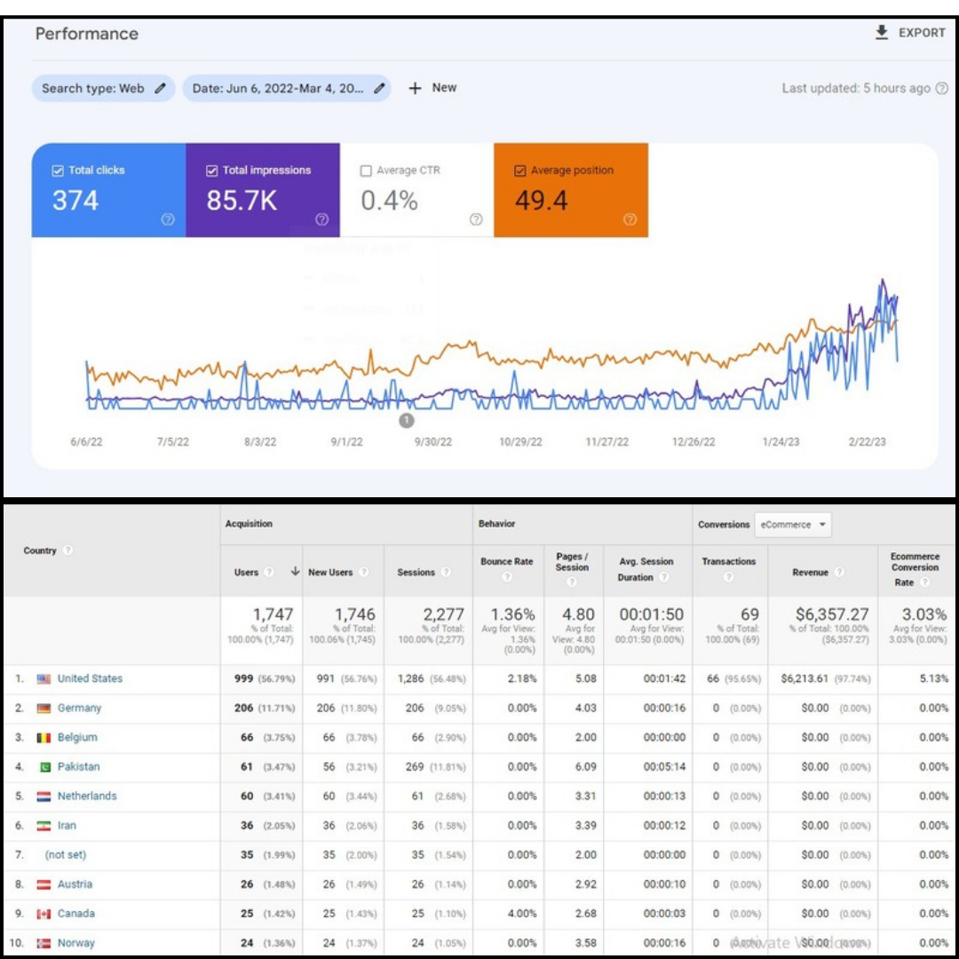WahineKi Botanicals Search Console performance and ecommerce revenue by country